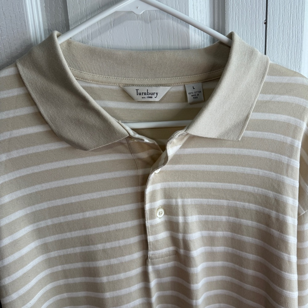 Turnbury Cream White Striped Henley Long Sleeve Polo Men's Size Large Business - Picture 3 of 6